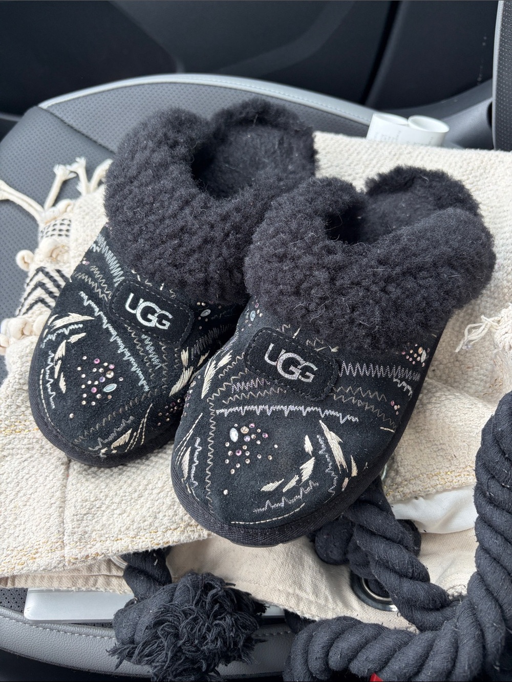UGG Coquette Black Suede Shearling Slip-On Embellished Mule Slippers